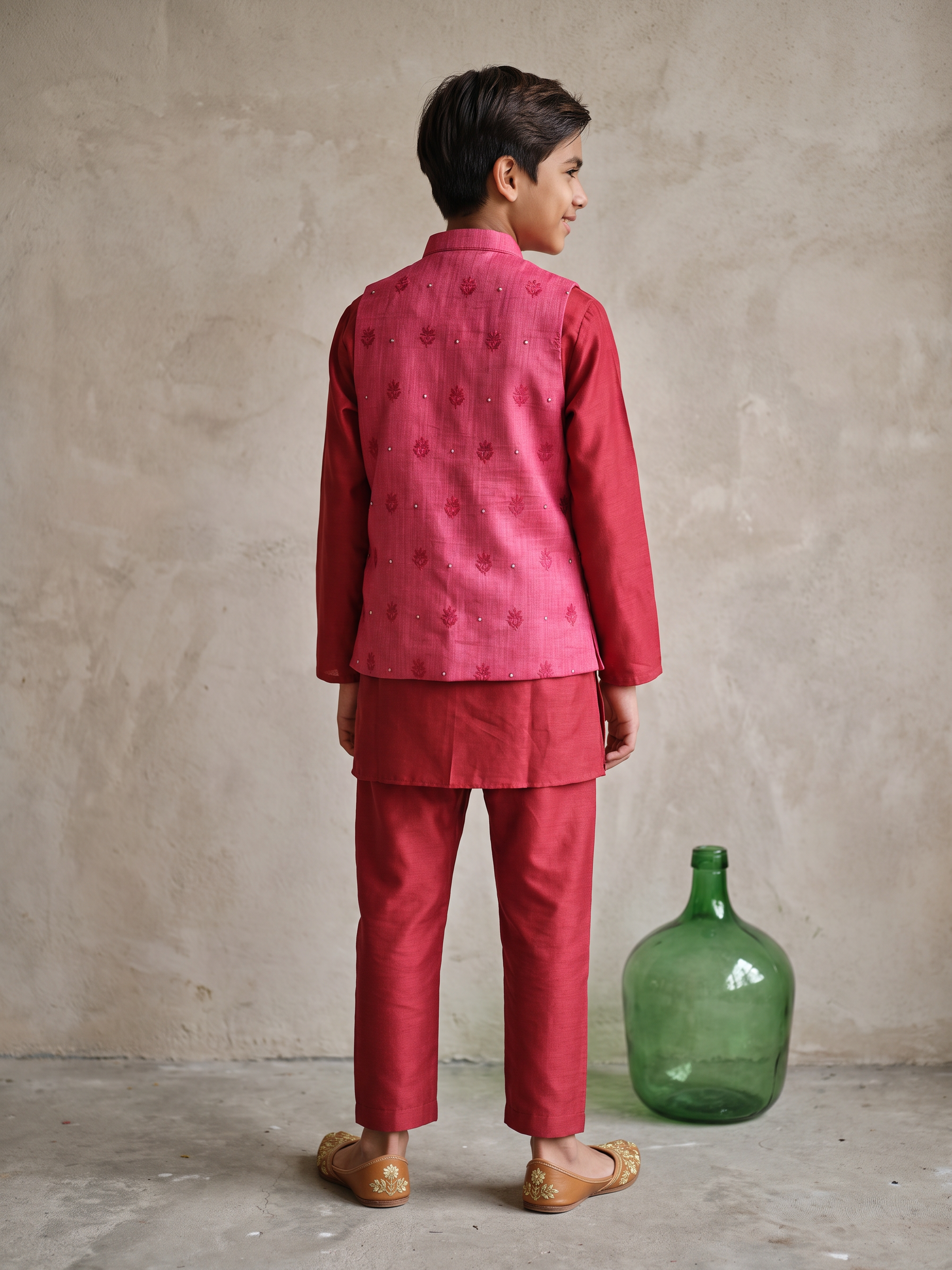 Teen Red Lakhnavi Nehru Jacket Set