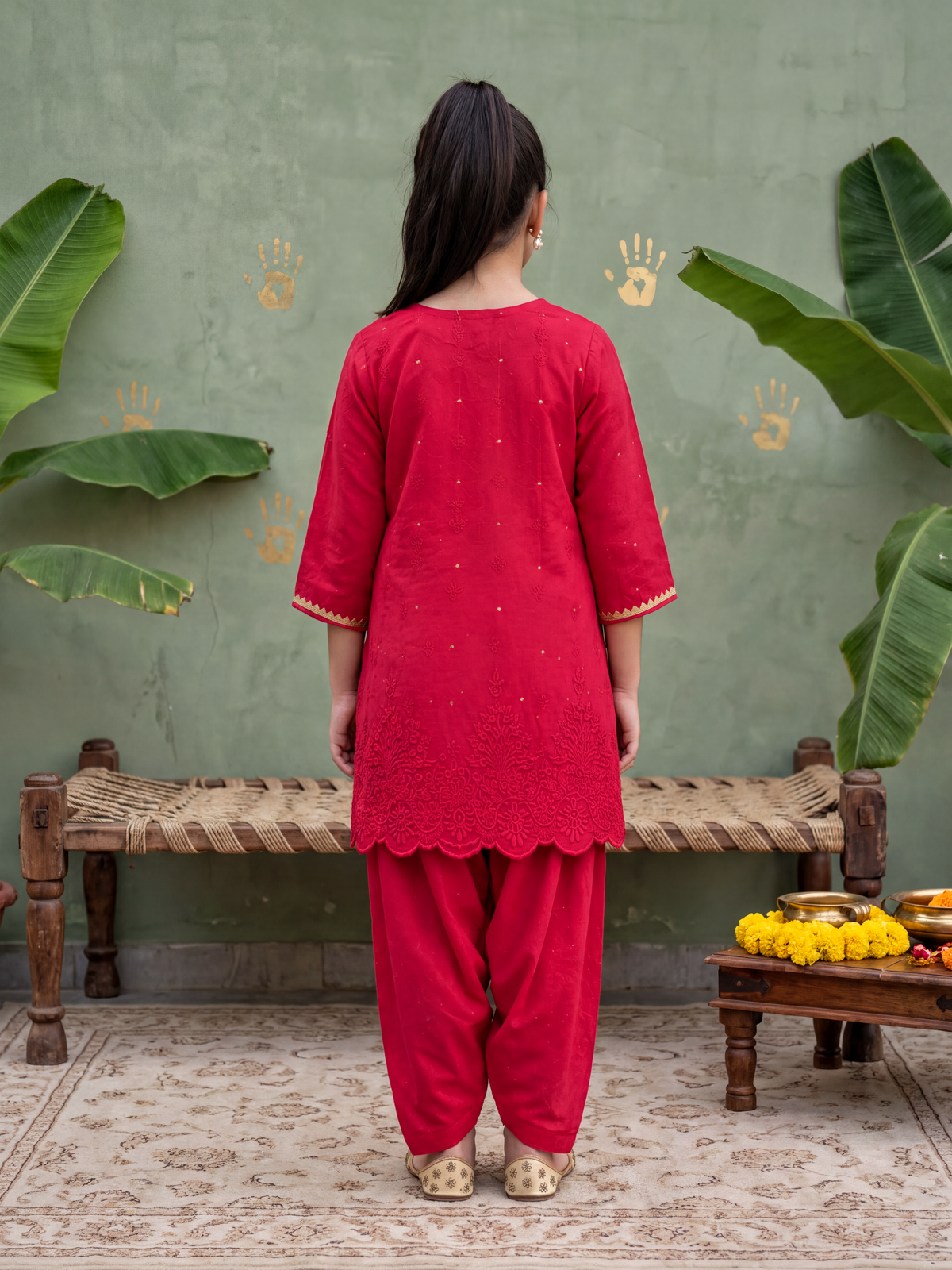 Teen Red Lakhnavi Kurta and Cowl Pants