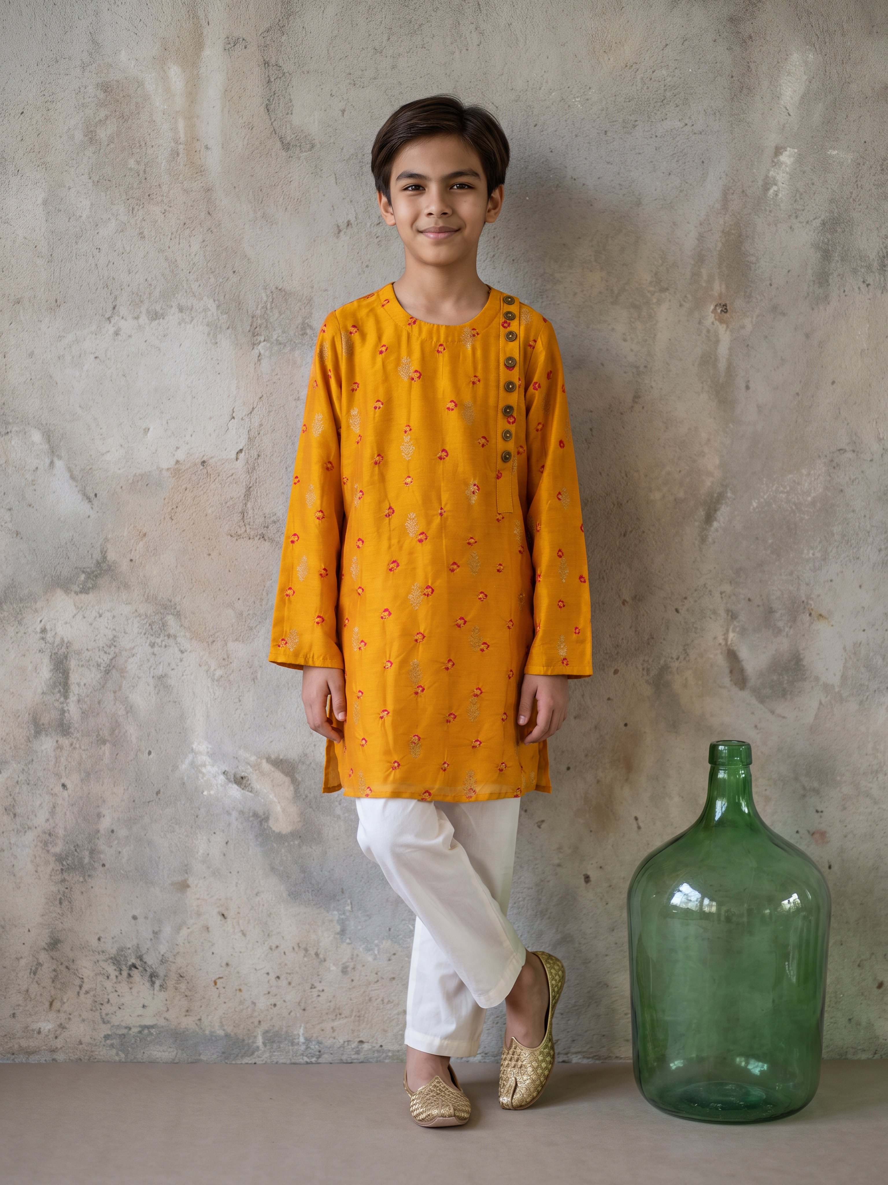 Mustard Bandhej Kurta Pj