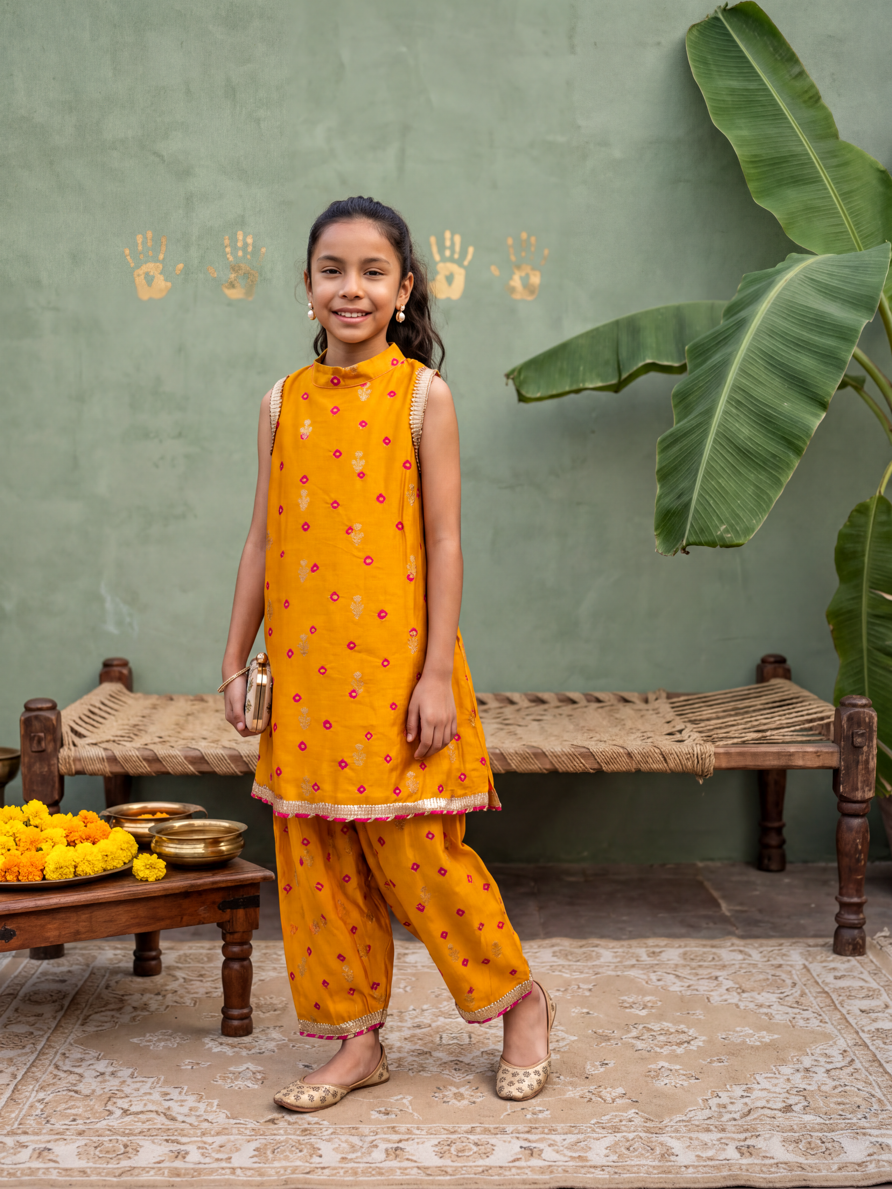 Mustard Bandhej Kurta
