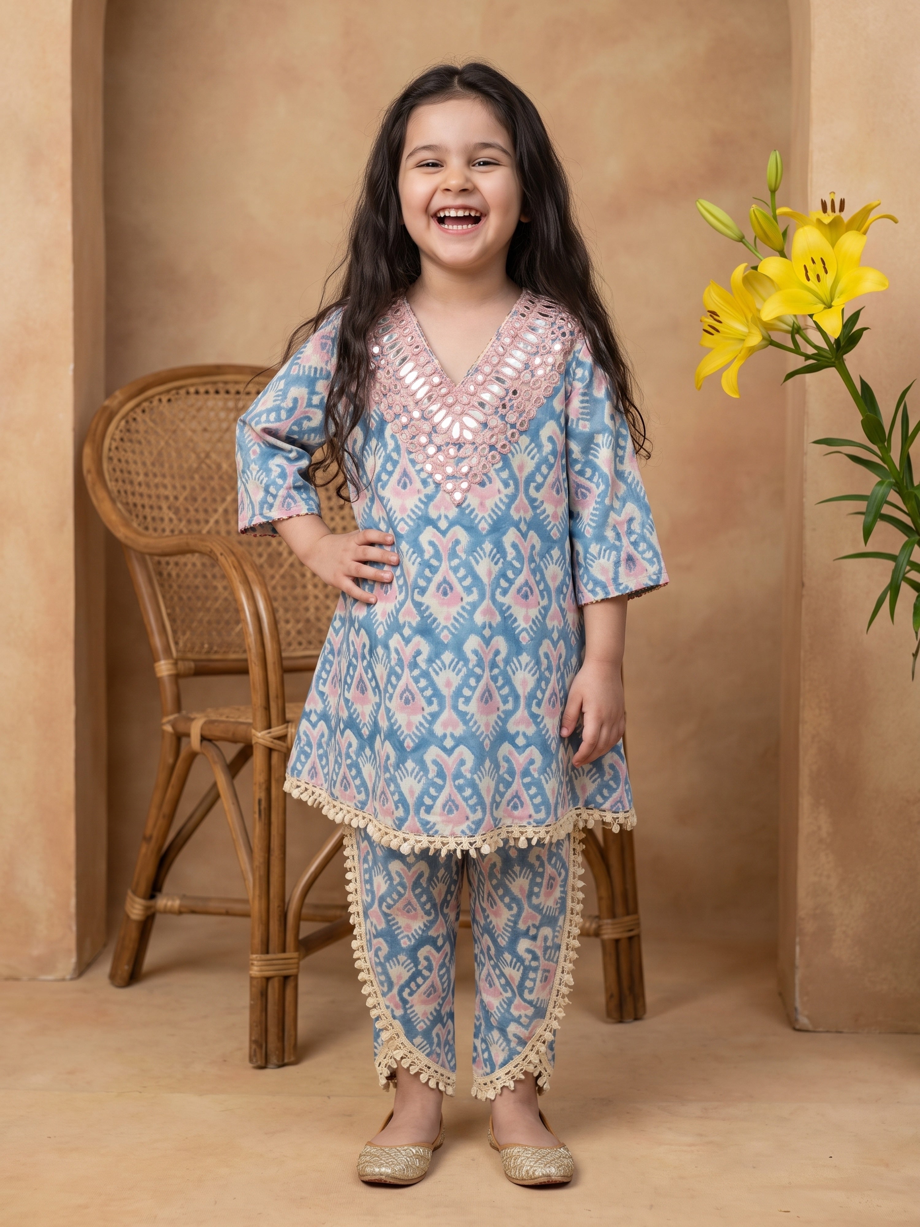 Kiyara Blue Printed Mirror Kurta & Dhoti Pant