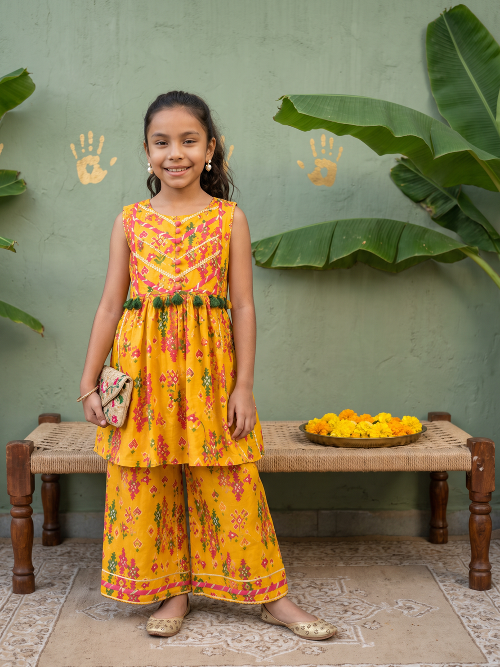 Teen Yellow Patola Peplum Kurta and Pants