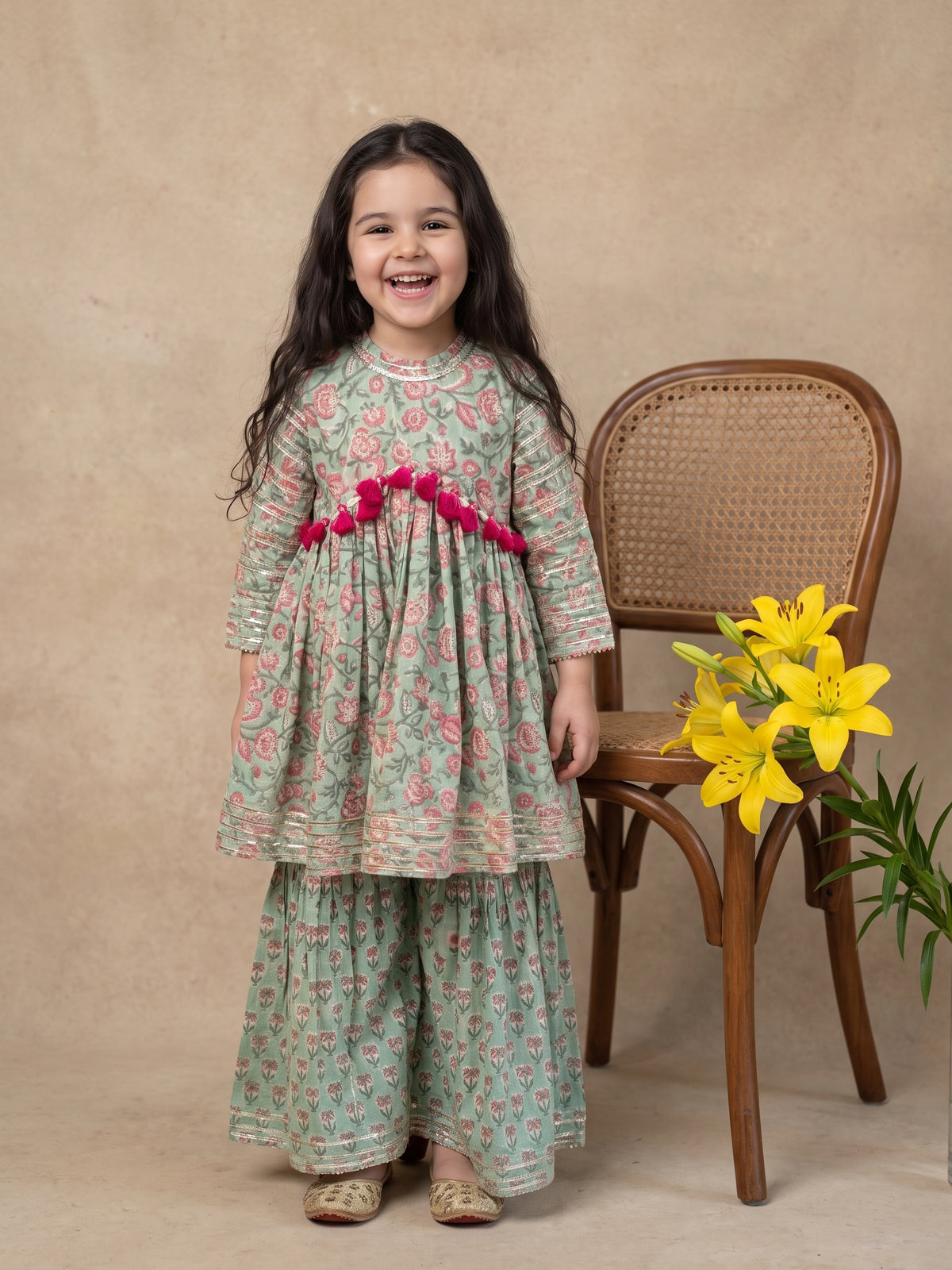 Lara Mint Floral Printed Peplum & Sharara