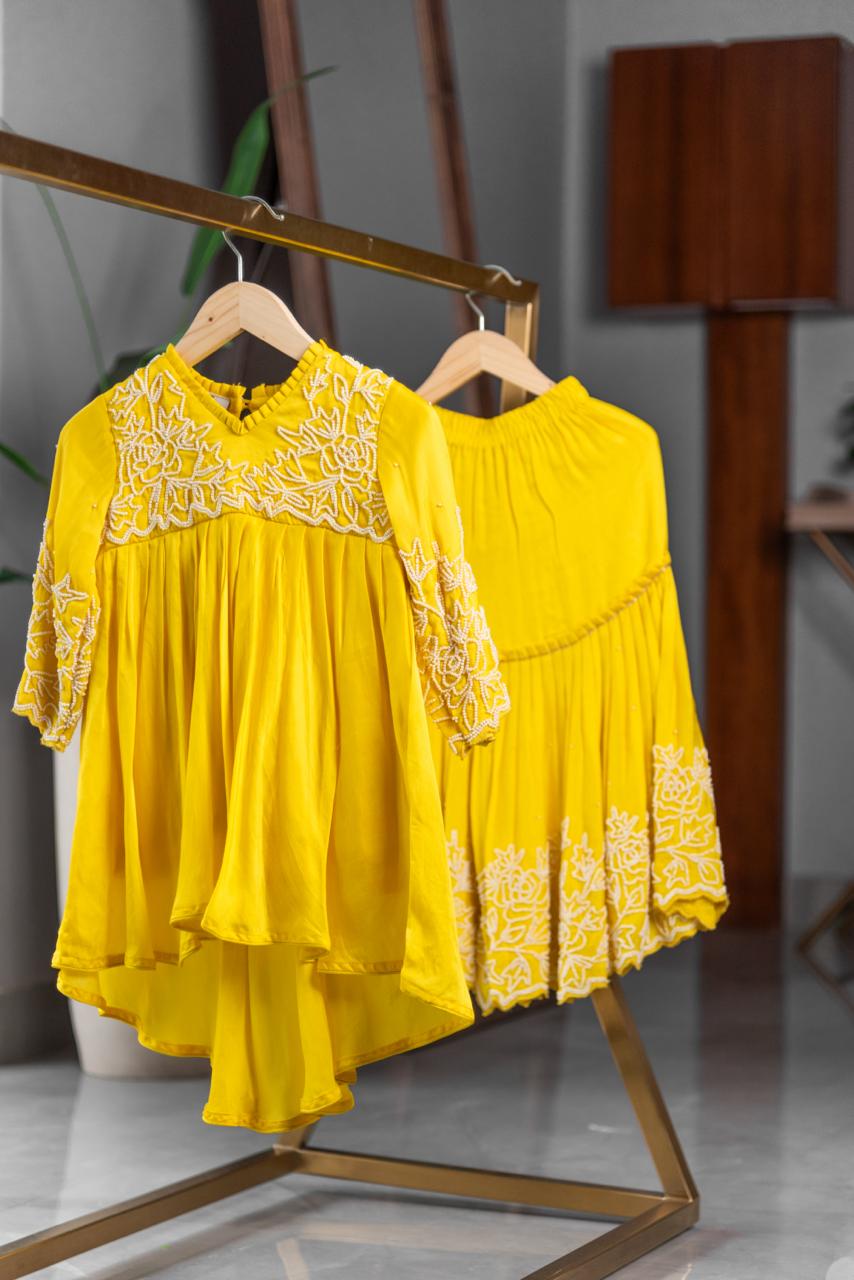 YELLOW MOTI EMBROIDERED KURTA SHARARA