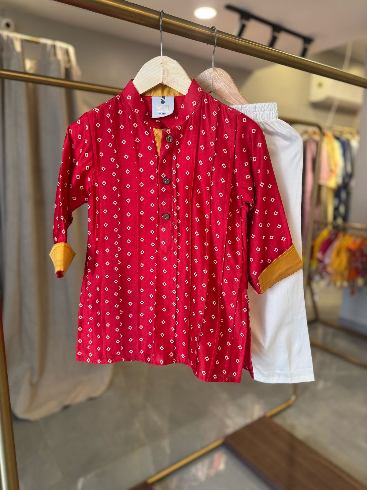 Red Pintuck Detailed Chanderi Kurta And Pyjama