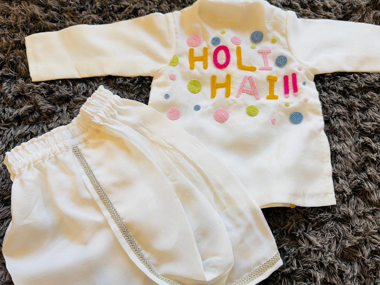 Multicolour Beads Embroidered Holi Kurta and Dhoti