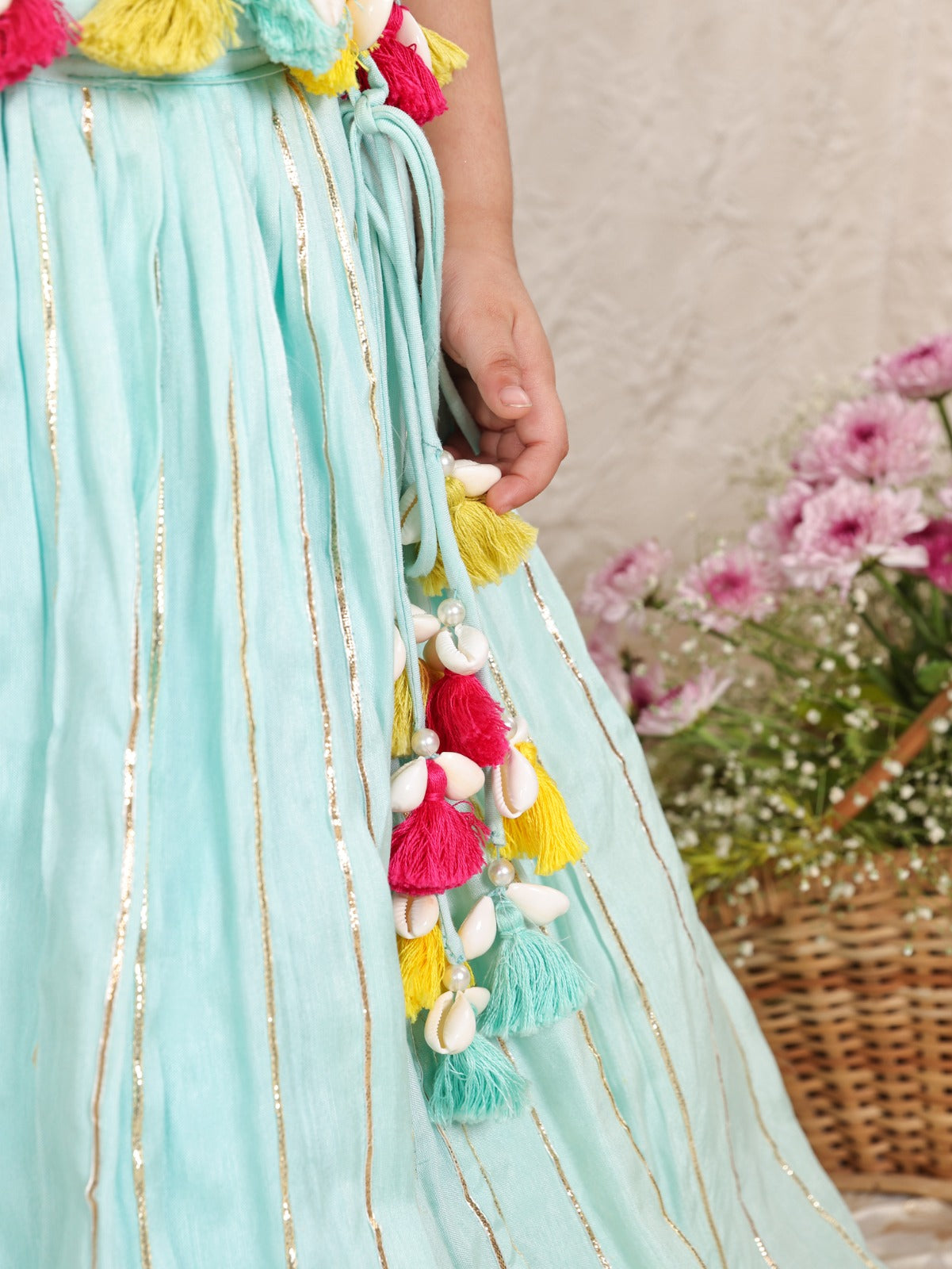 Multicolour Thread Giraffe Embroidered Blue Blouse and Gota Line Ghagara