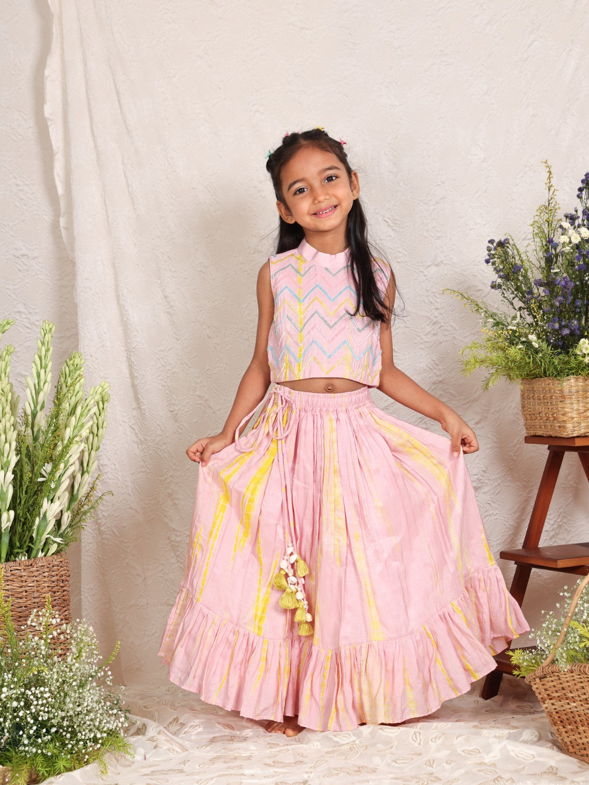 Candy Pink and Yellow Shiboree Top with Cut Dana Work and Ghaghra