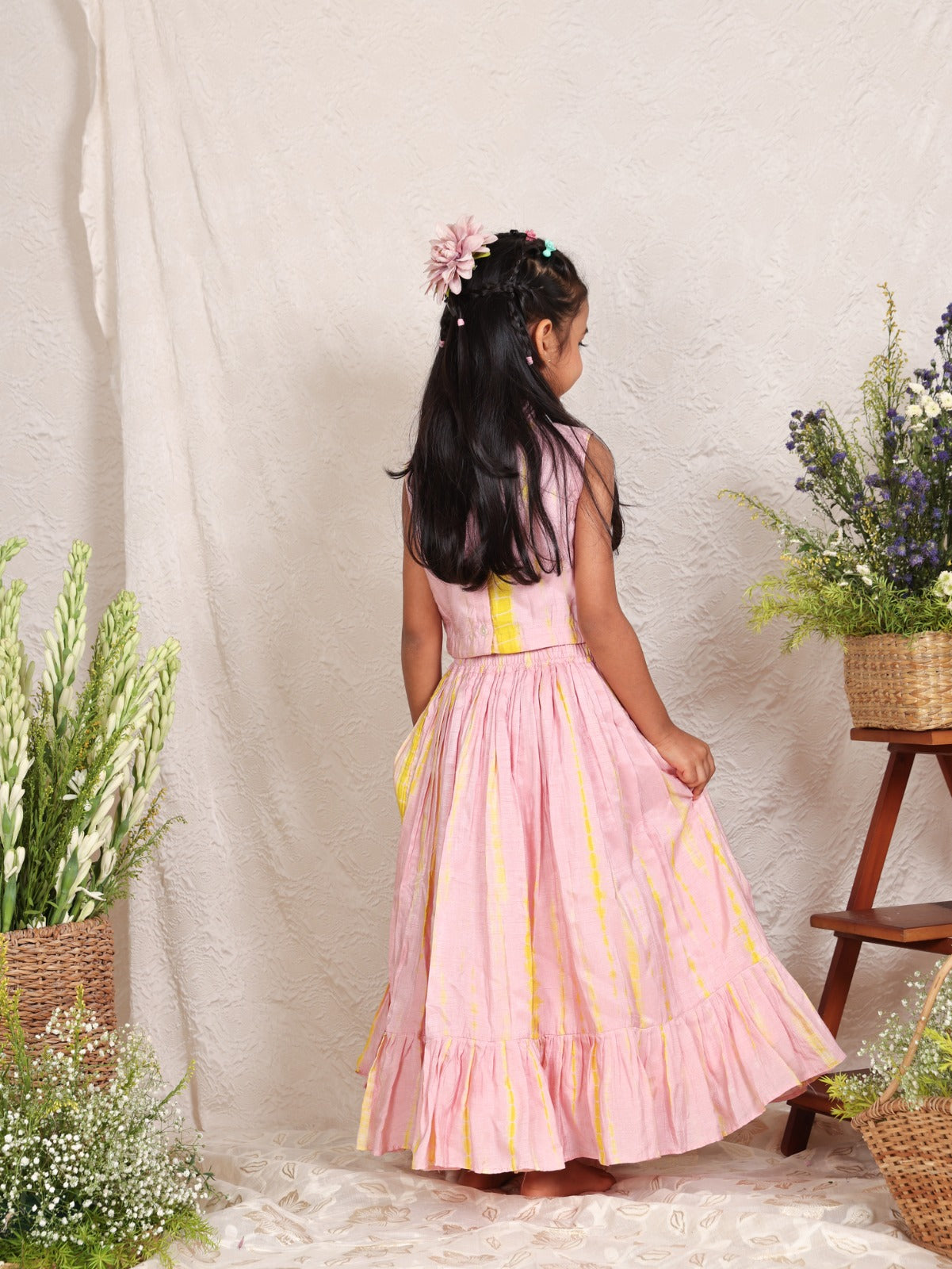 Candy Pink and Yellow Shiboree Top with Cut Dana Work and Ghaghra