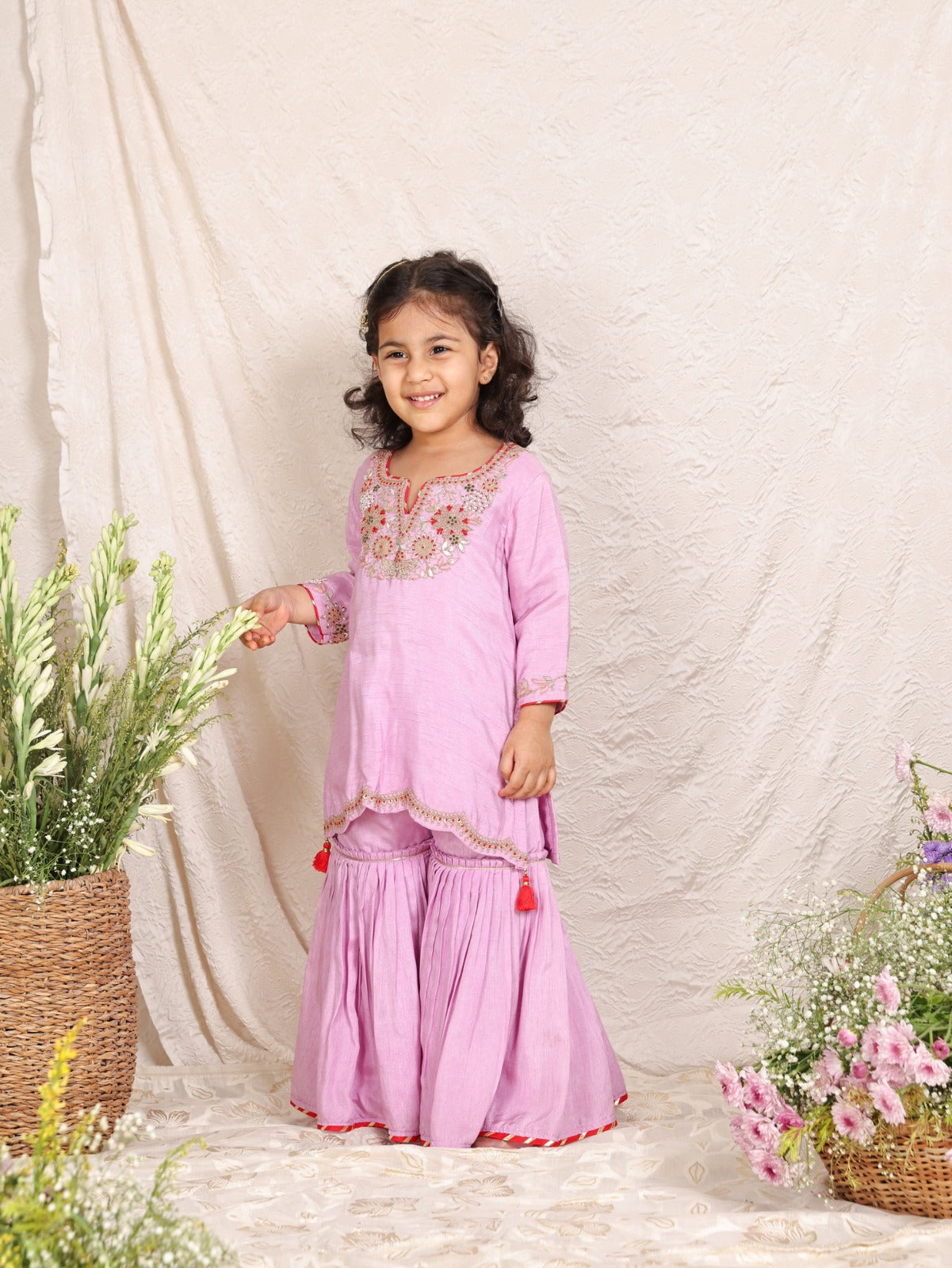 Lavender Thread and Zari Embroidered Kurta and Sharara