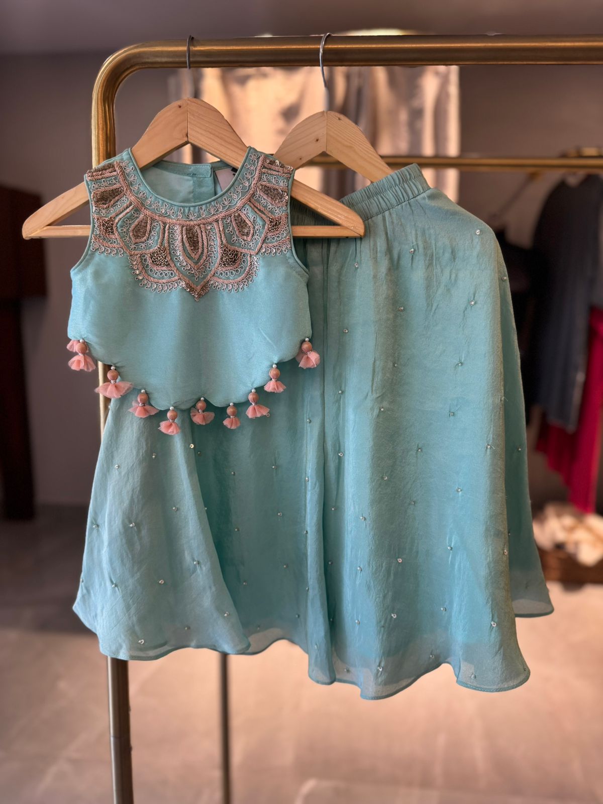 Turquoise Zari and Thread Embroidered Top and Sequins Scattered Flare Pant