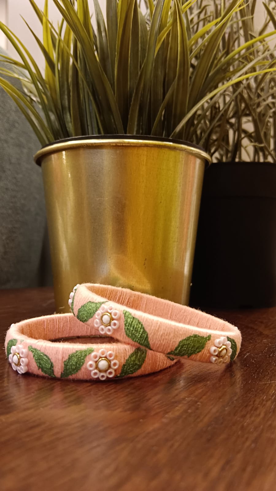 Leaf Embroidered Beaded Pink Handcrafted Bangles