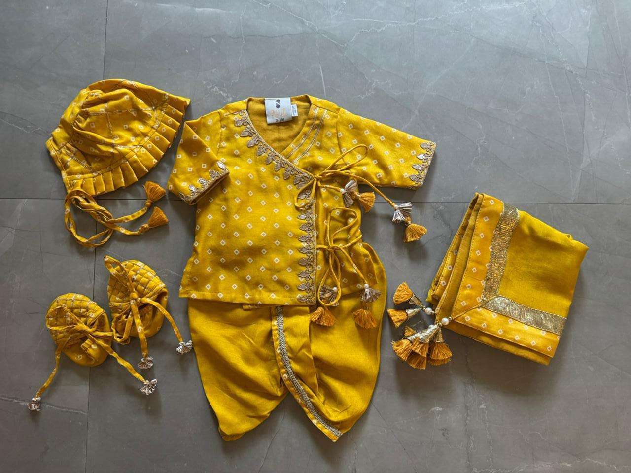 Mustard Bandhej Jaamna Set For Boys