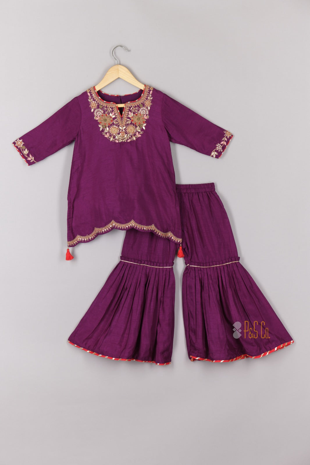 Purple Zari and Thread Embroidered Kurta and Sharara