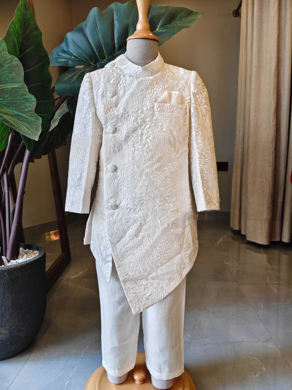 OFF WHITE THREAD EMBROIDERED ASSYMETRICAL SHERWANI