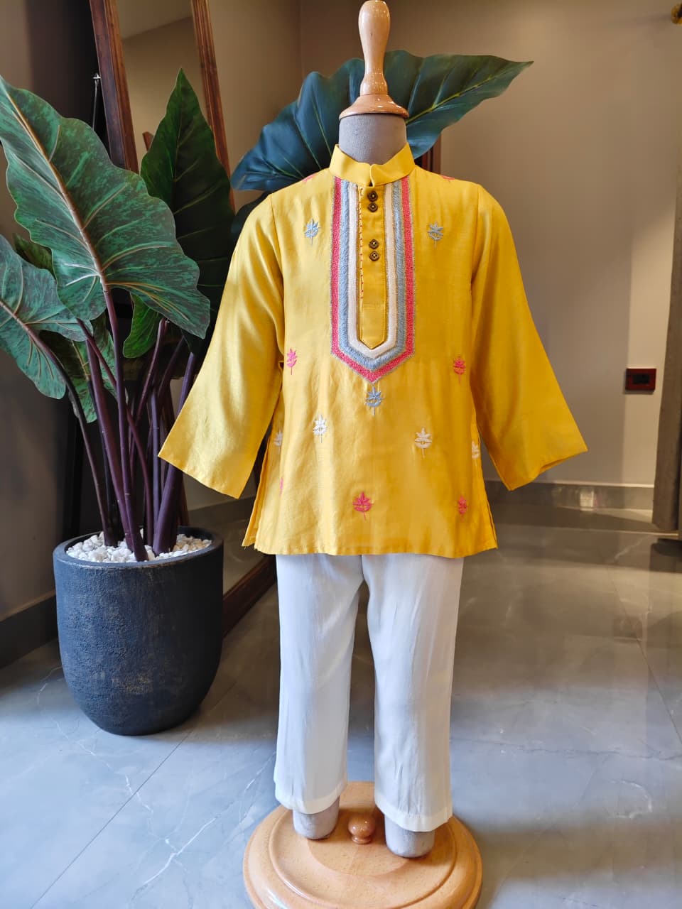 YELLOW THREAD EMBROIDERED KURTA AND PANT