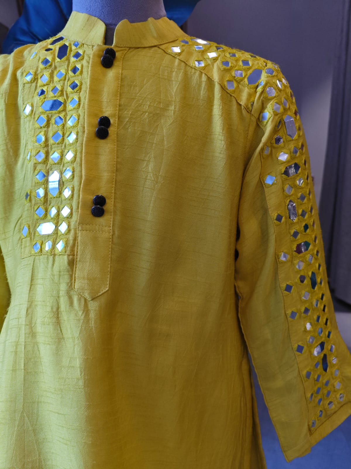 YELLOW MIRROR WORK KURTA AND PANT for 2 Years Old