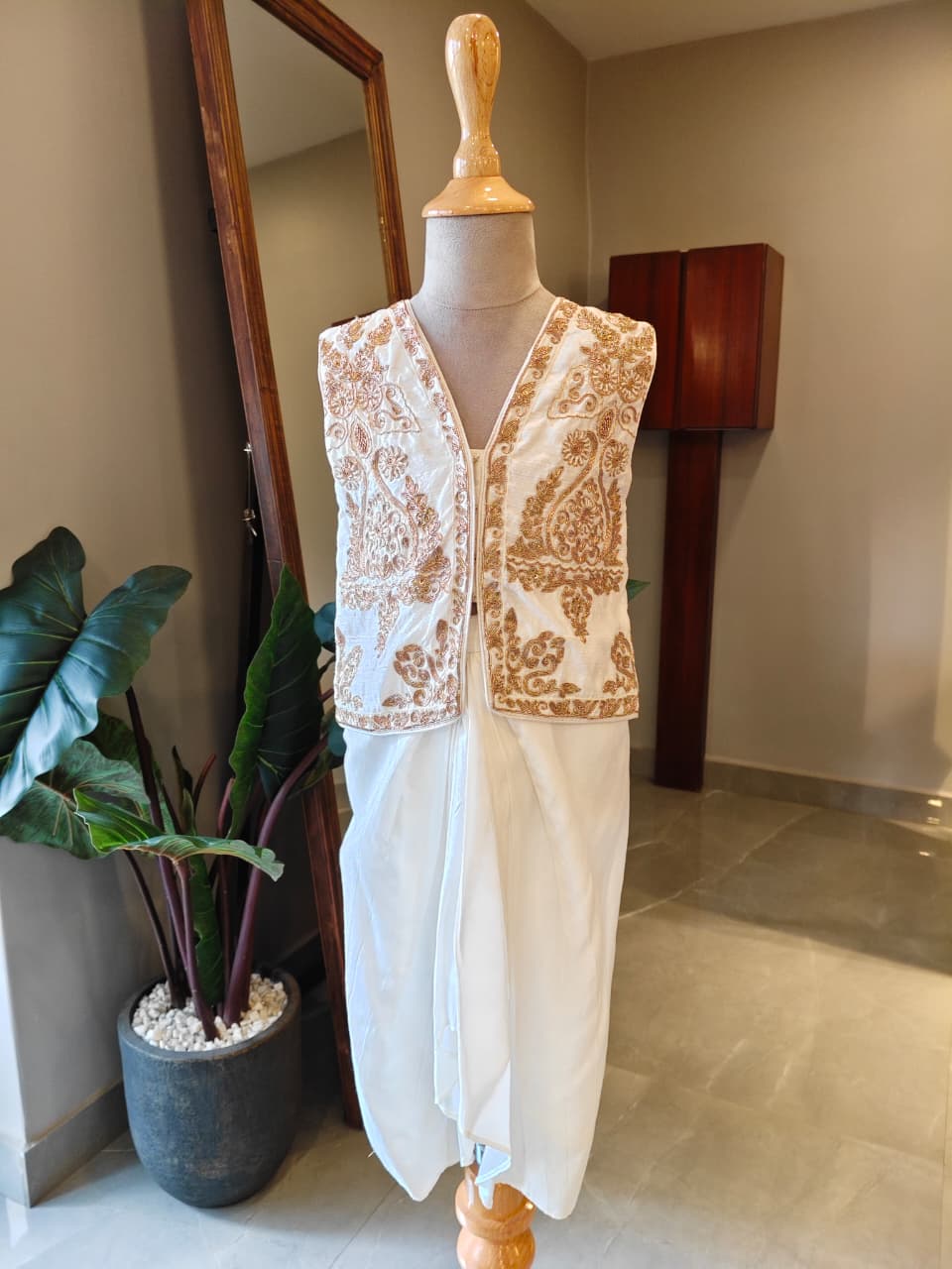 Off White zari embroidered Top with Dhoti Skirt for 1 Years Old