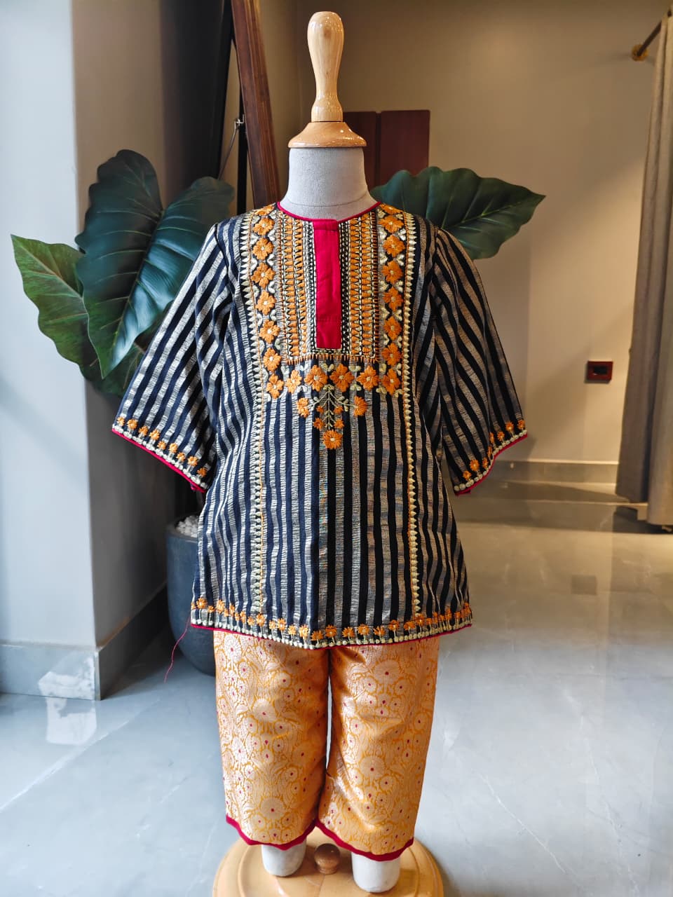 Black Thread Embroidered Kurta and Brocade Pant for 3 Years Old