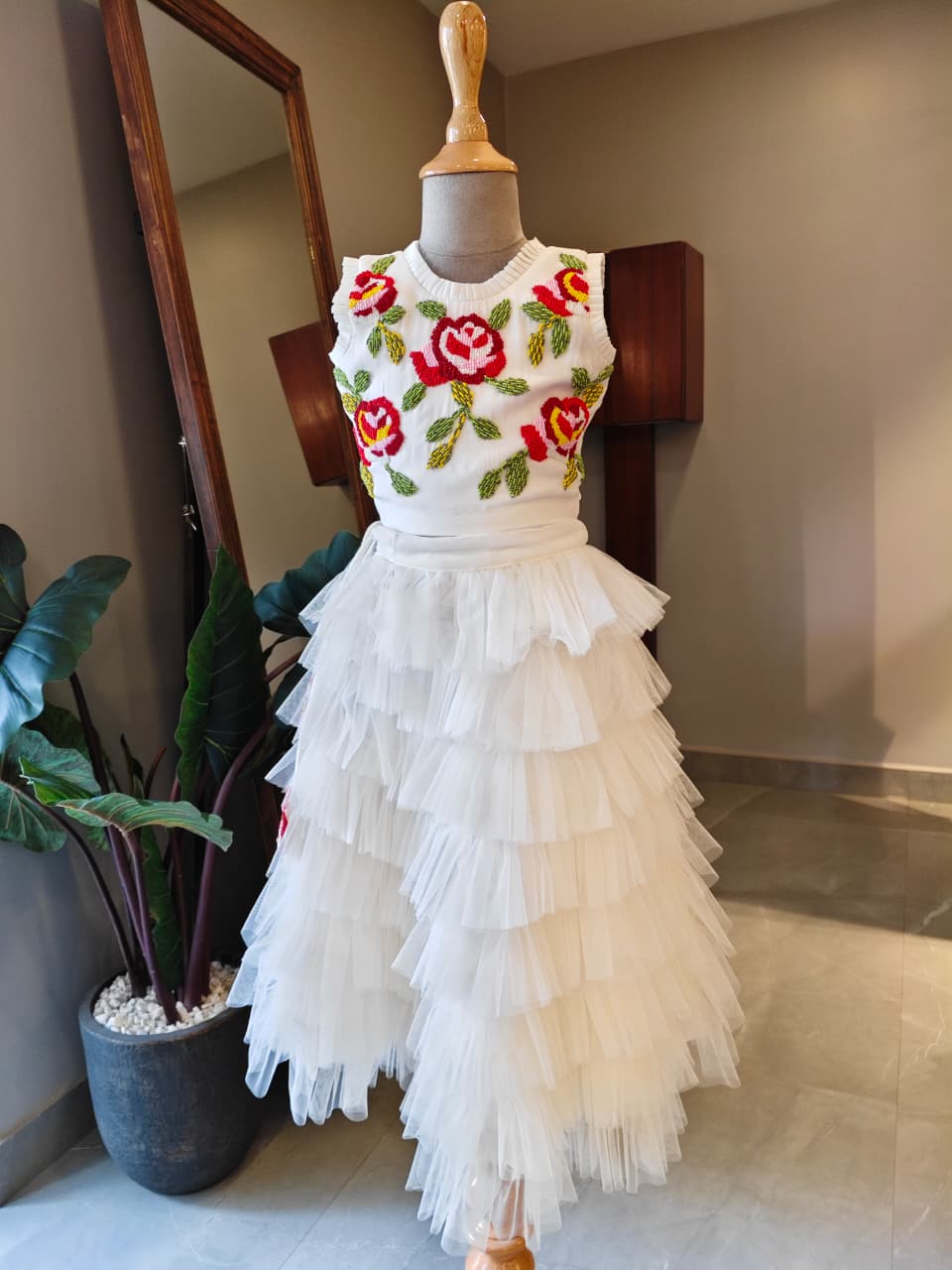 White Beads Top Net Layer Skirt for 2 Years Old