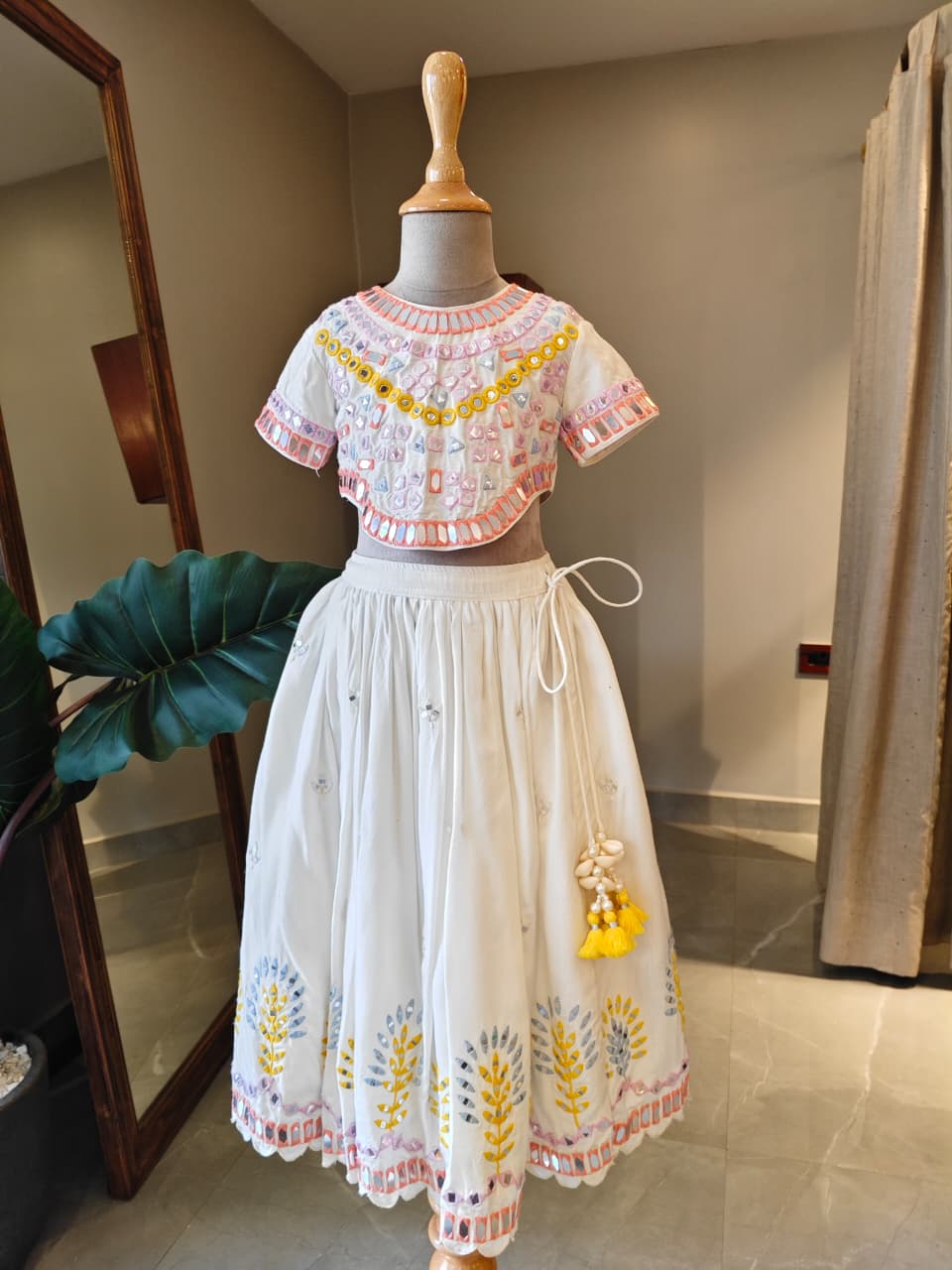 Multicolour Thread and Faux Mirror Embroidered White Ghaghra and Blouse for 2 Years Old