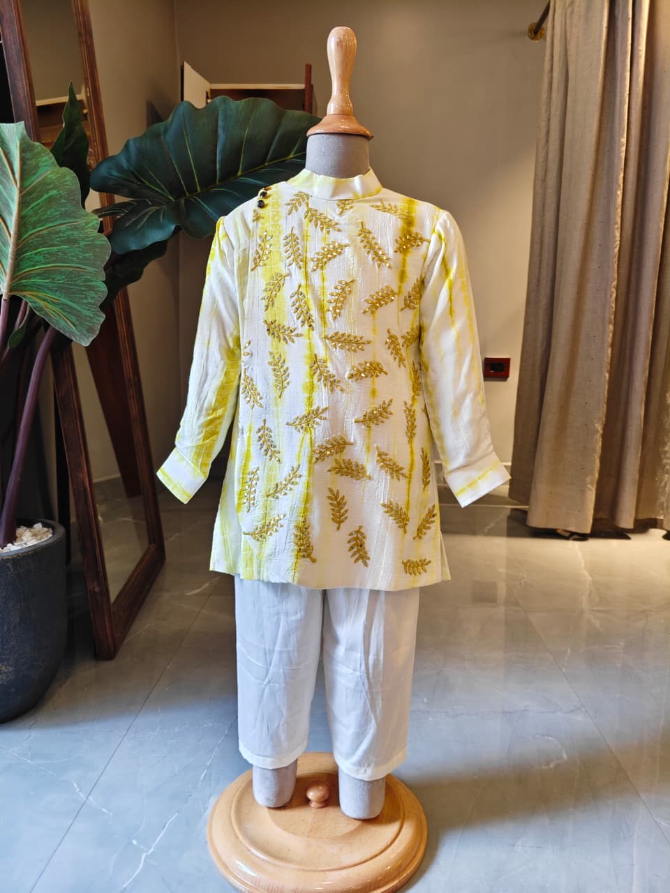 Lime Green Shiboree Mirror Leaf Embroidered Kurta and Pant for 2 Years Old