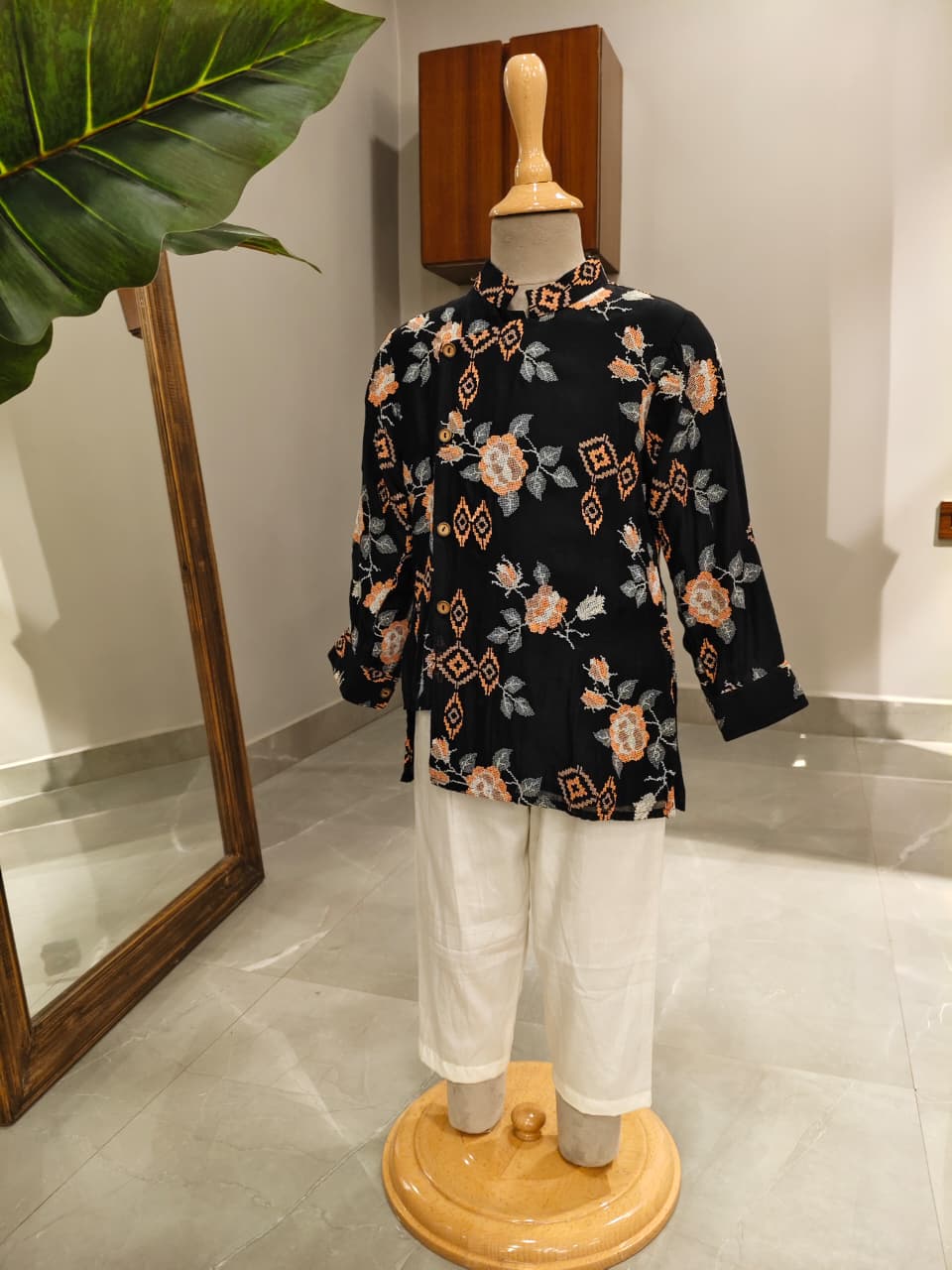 Black Cross Stitch Side Botton kurta and and Pyjama for 2 Years Old
