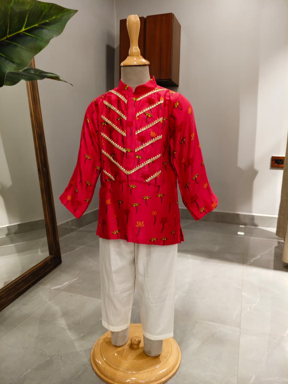 Hot Pink Lotus Printed Boys Kurta and Pant for 2 Years Old