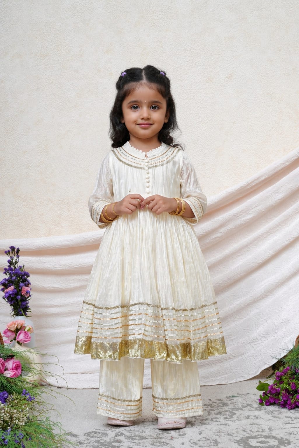 White Anarkali Zari Embroidered And Straight Pant for 3 Years Old