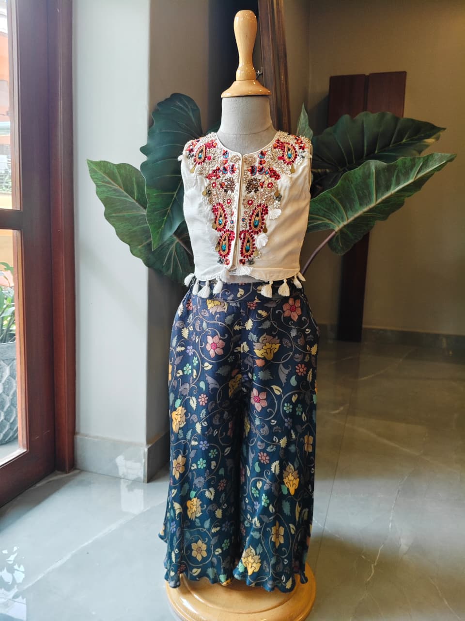 Off White Embroidered Top and Silk Tissue Flare Pant for 1 Years Old