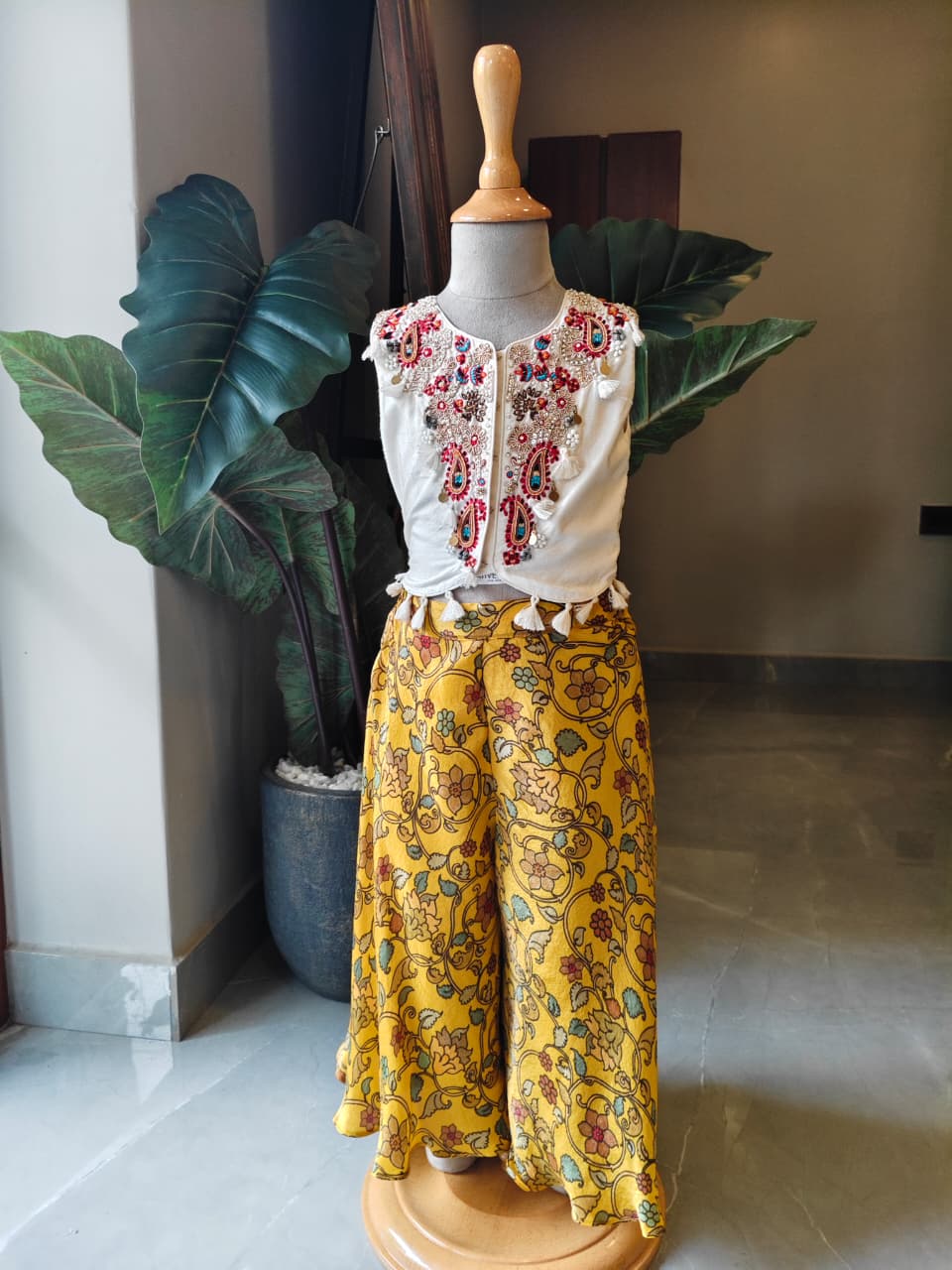 Off White Embroidered Top and Silk Tissue Flare Pant