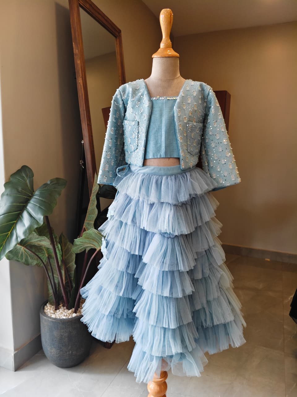 Blue Sequins Embroidered Top with Jacket and Ghaghra for 3 Years Old