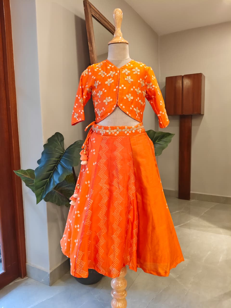 Orange Bandhej Zari Embroidered Blouse and Ghaghra for 1 Years Old