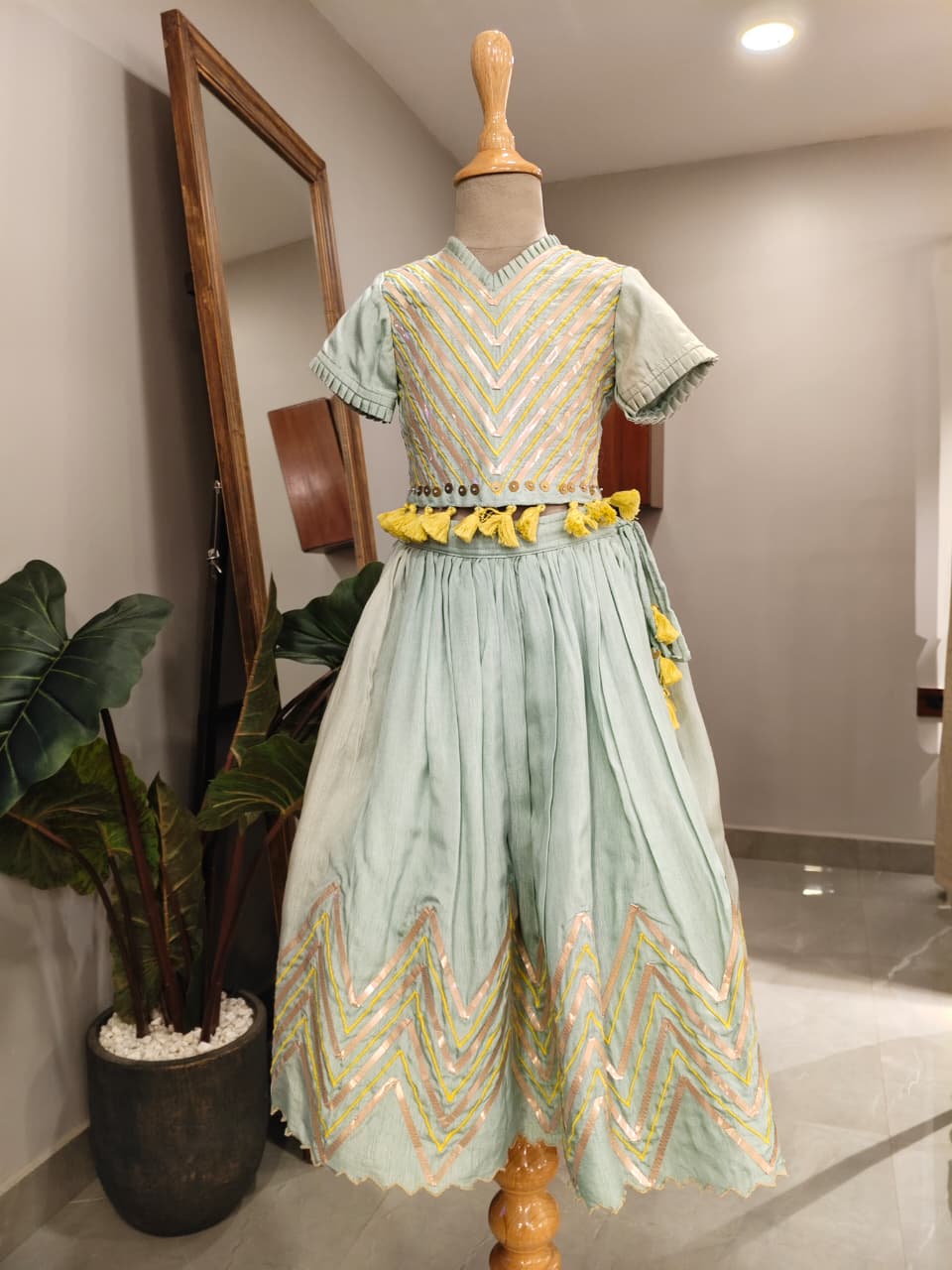 Mint Green Thread and Lace Embalished Blouse and Ghaghra for 2 Years Old