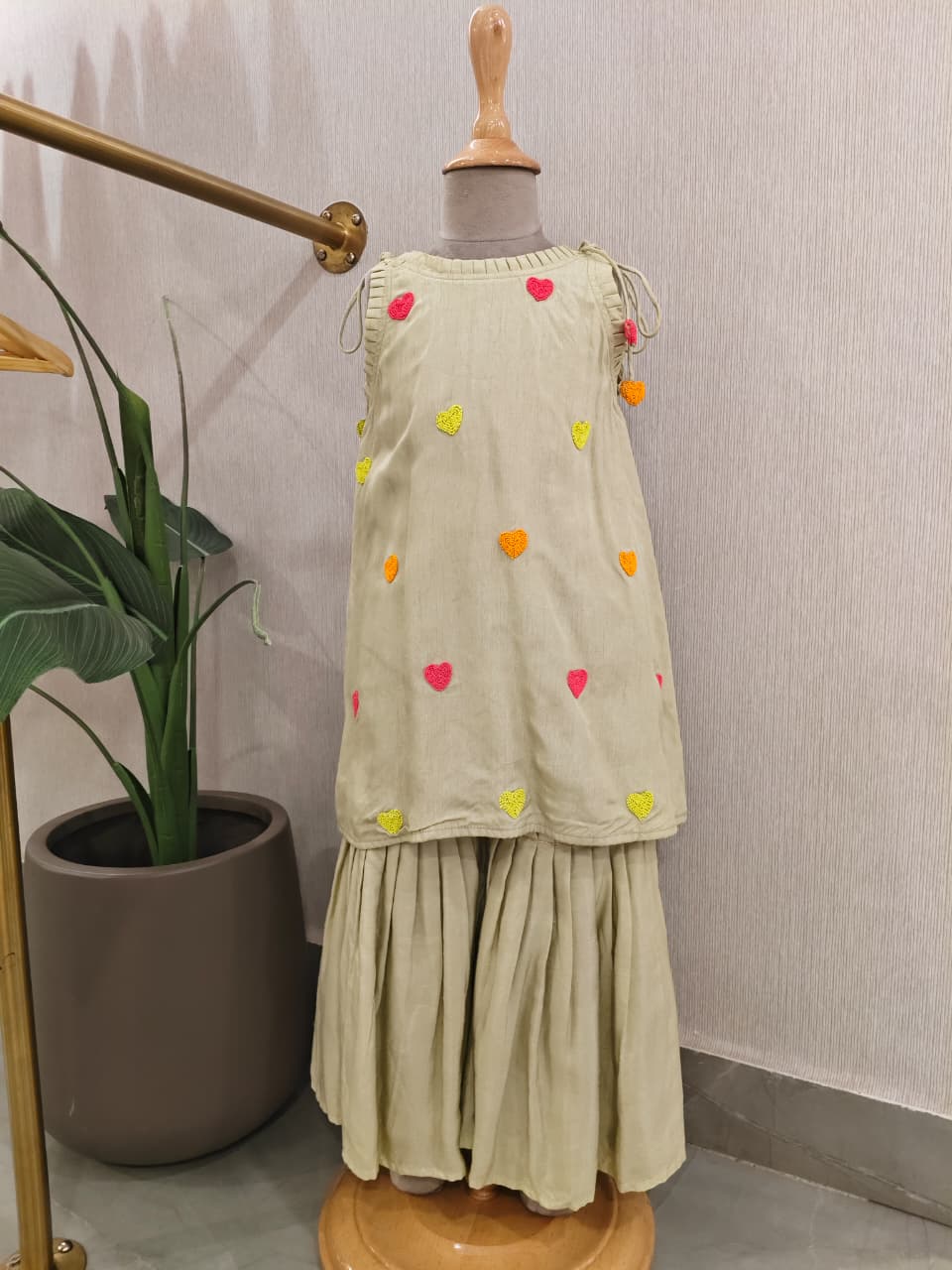 Pista Green Heart Embroidered Tie Kurta and Sharara
