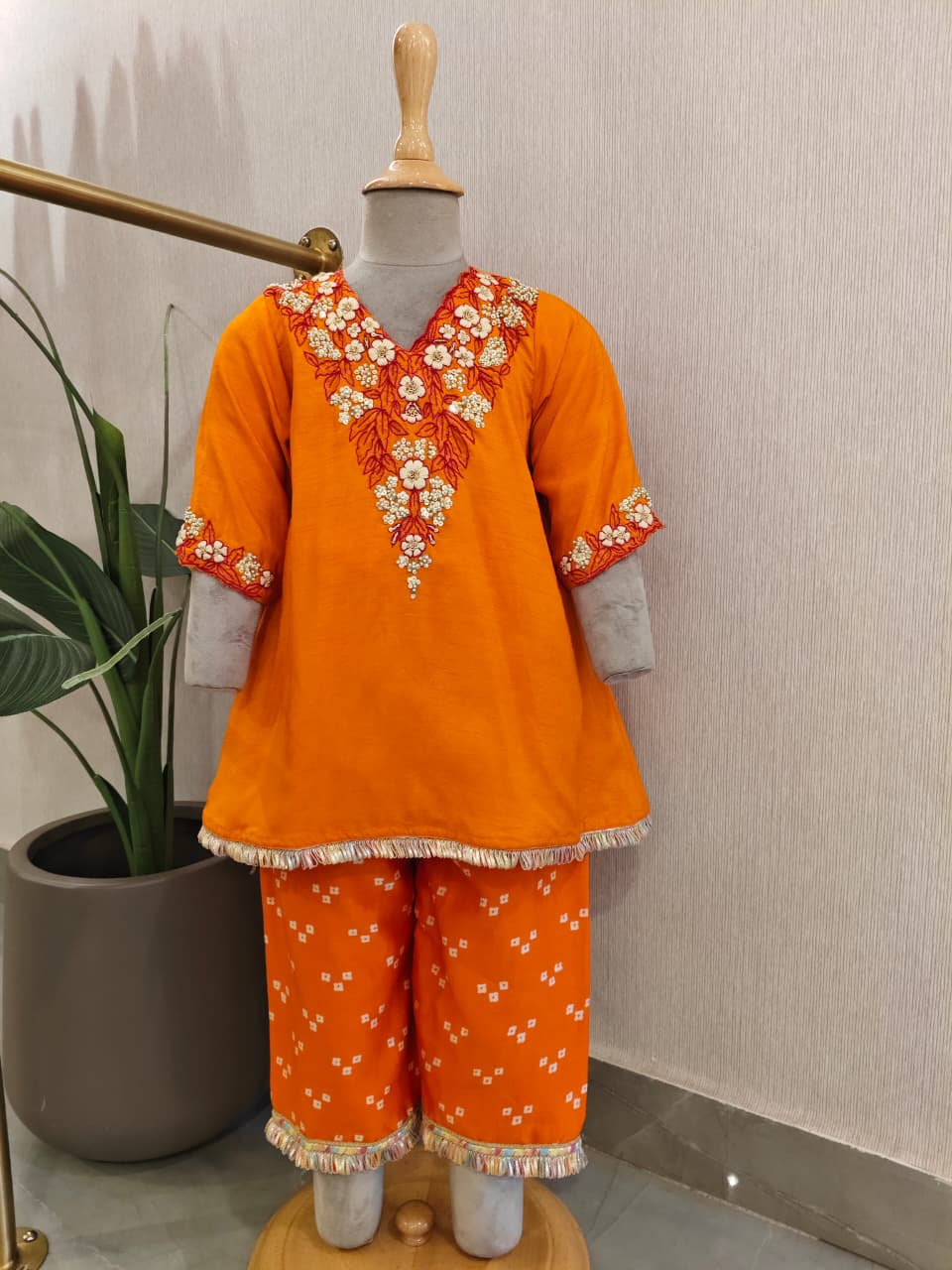 Orange Thread and Moti Embroidered Straight Bandhej Pant for 3 Years Old