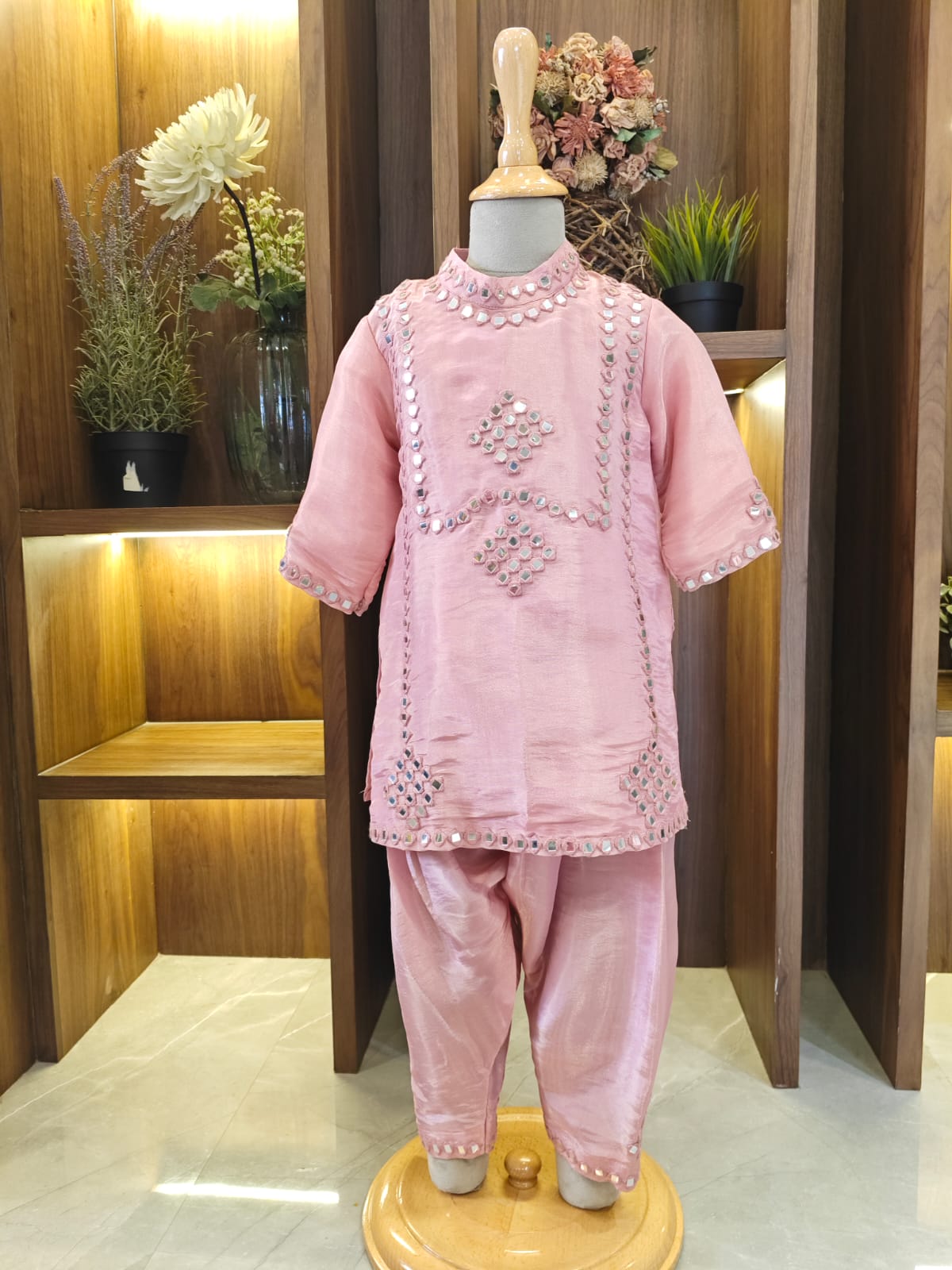 Dust Pink Mirror Work Kurta with Patiala for 3 Years Old