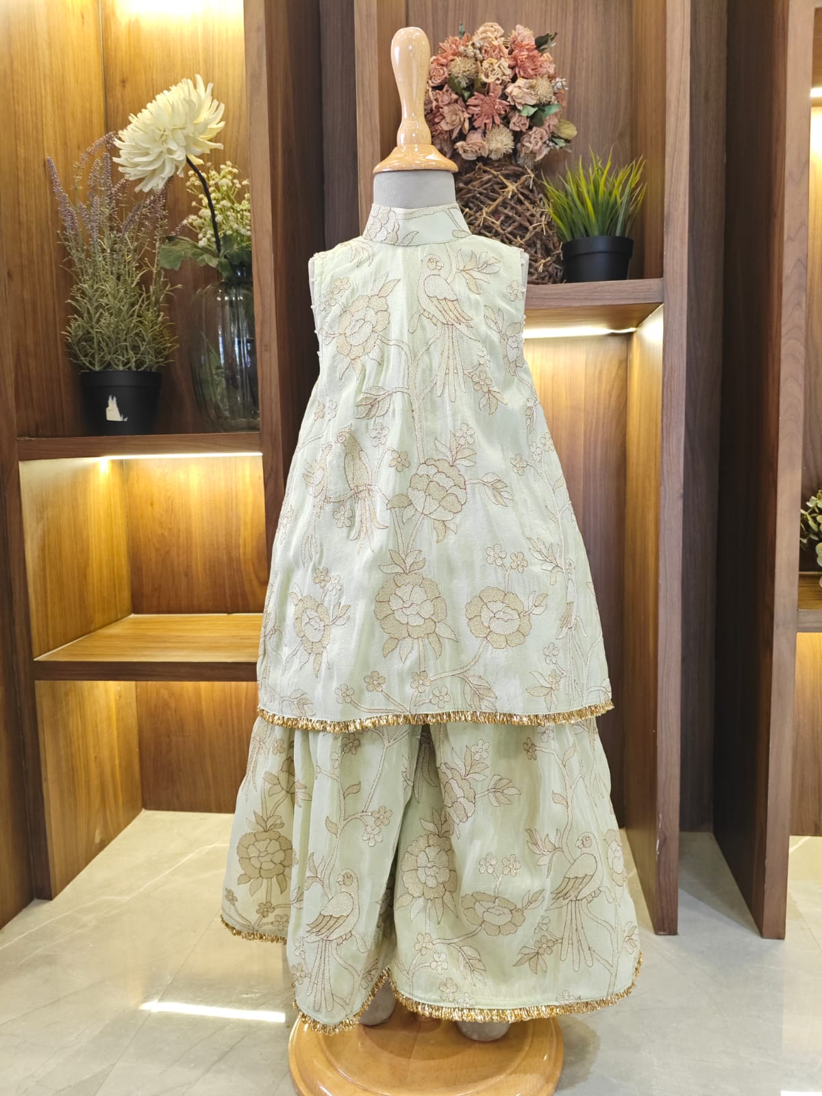 Pista Green Flower Embroidered Kurta and Flare Pant for 1 Years Old