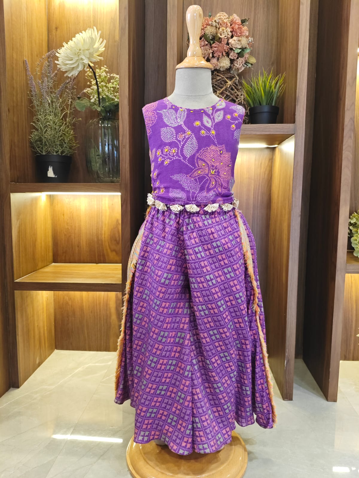 Purple Printed Beads Embelished Top with Lace Embelished Flare Pant for 2 Years Old