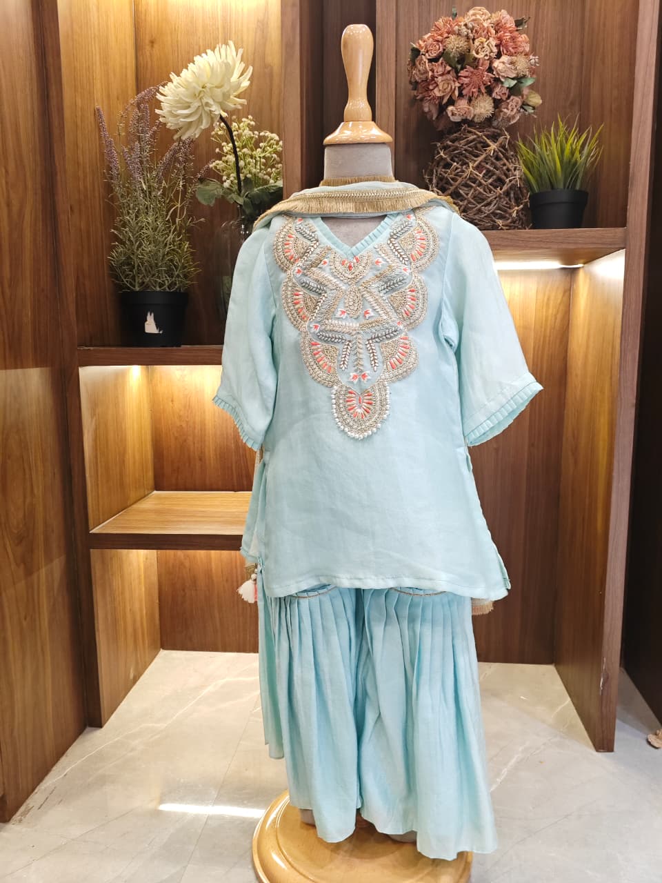 Mint Thread Kurta Embroidered Kurta and Sharara with Dupatta for 3 Years Old
