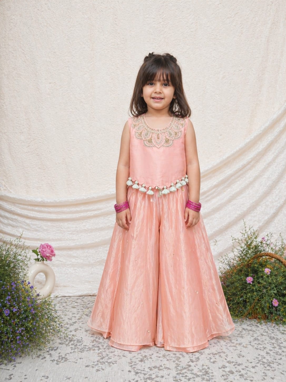 Pink Zari and Thread Embroidered Top and Sequins Scattered Flare Pant for 10 Years Old