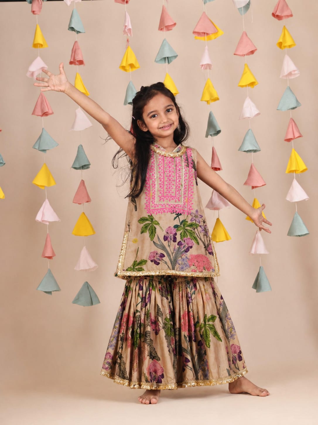 Printed Gota Lace thread Embroidered Kurta and Sharara