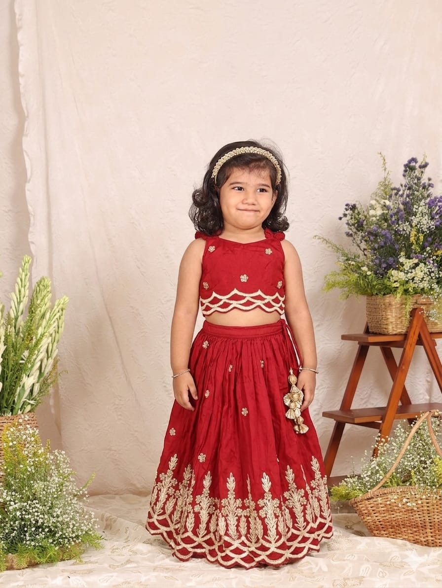 Embroidered Strappy Red Top and Pleated Ghaghra