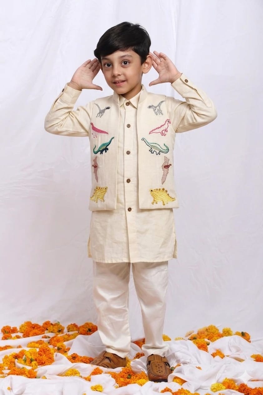 Off White Dinosaur Embroidered Kurta with Jacket set