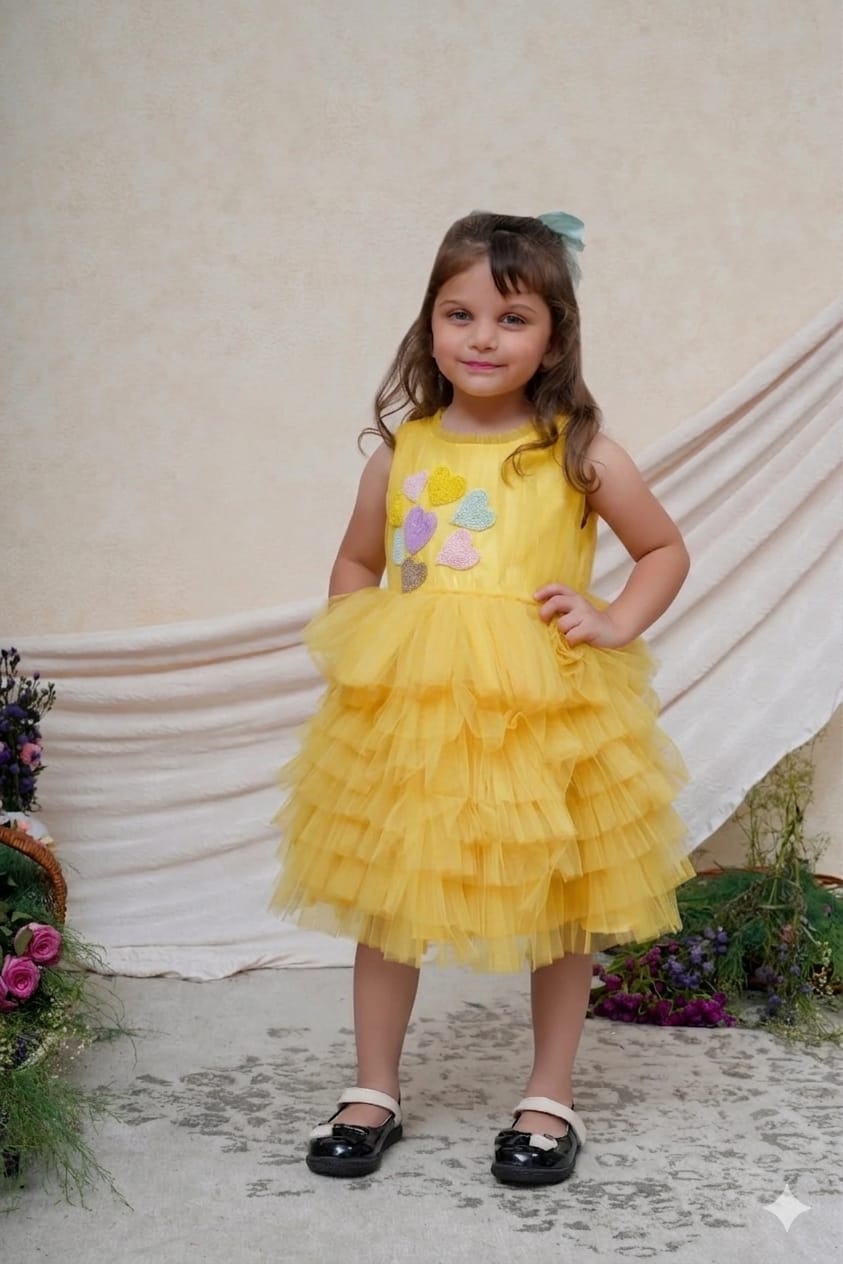 Hearts Embroidered Yellow Net Dress