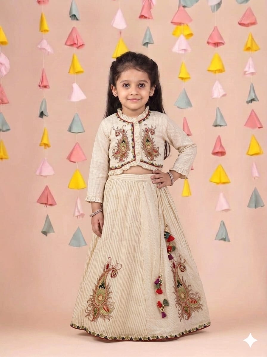 Off White Multicolour Thread Embroidered Blouse and Ghaghra