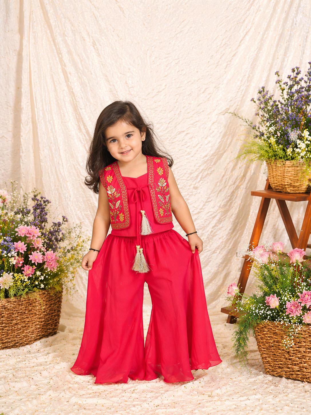 HOT PINK EMBROIDERED VELVET JACKET WITH CROP TOP & FLARE PANT for 2 Years Old