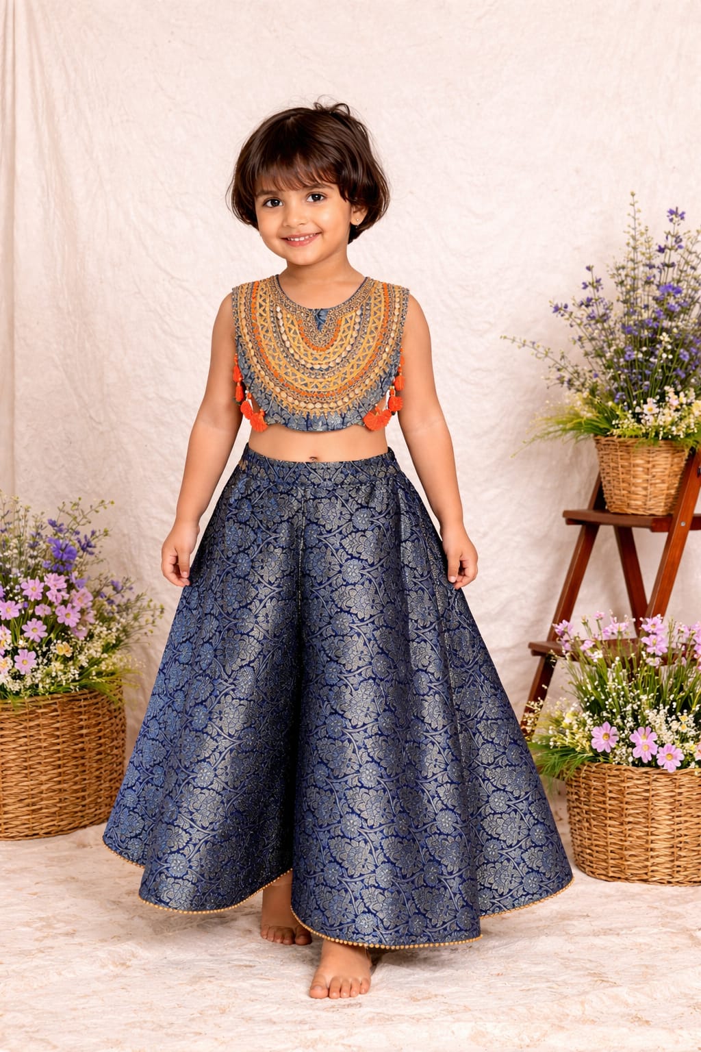 BLUE BROCADE GOTA EMBROIDERED TOP & FLARE PANT