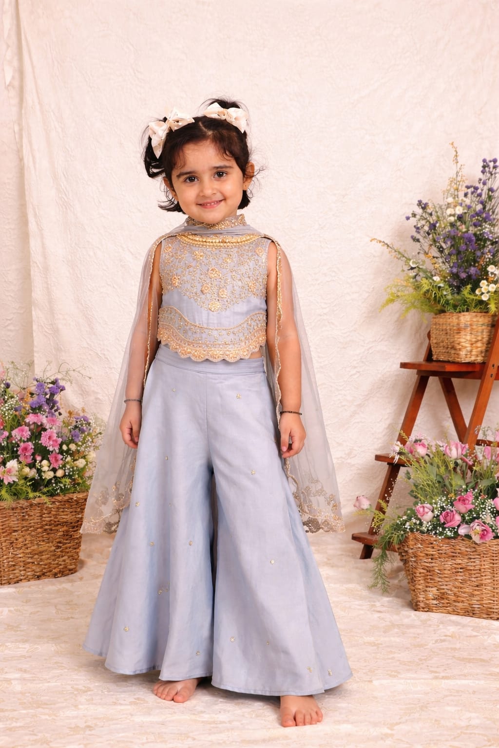 SKY BLUE ZARI EMBROIDERED TOP & FLARE PANT WITH DUPATTA for 2 and 4 Years Old