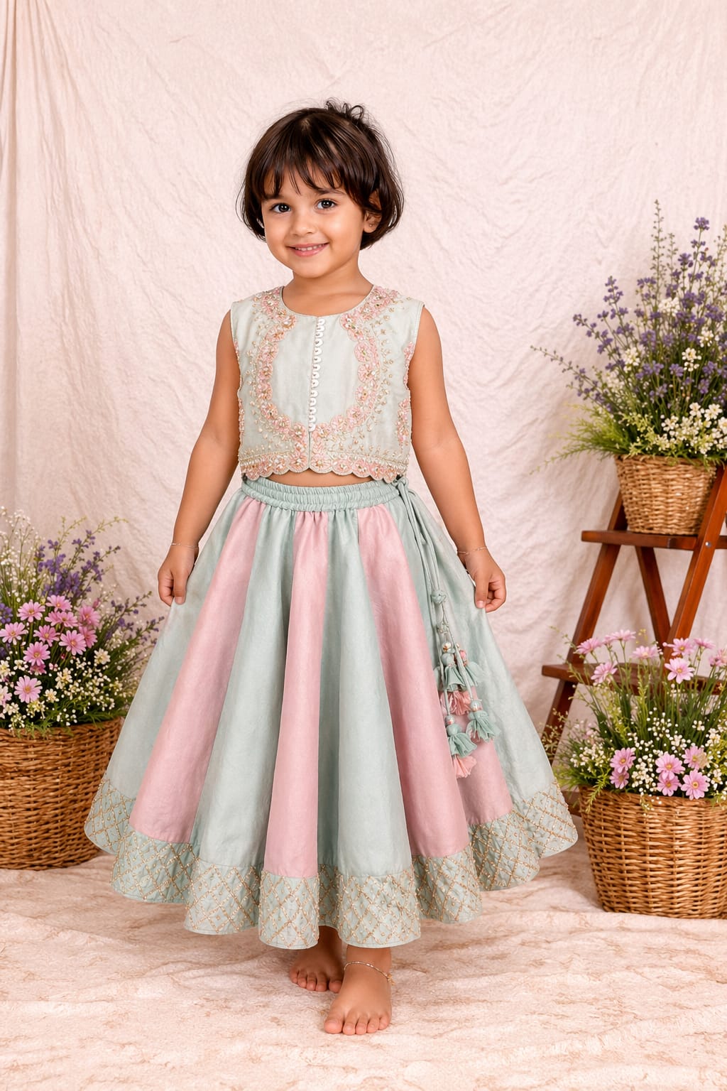 SEAGREEN & PINK KALI TISSUE GHAGARA & ZARI EMBROIDERED TOP
